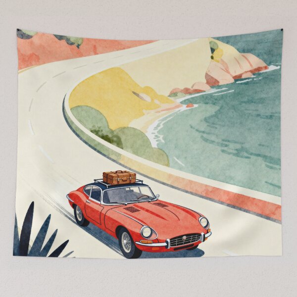 Item preview, Coastal Escape - Vintage European Roadster Watercolor Art designed and sold by HappySproutArt.