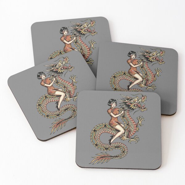 Item preview, Pin up Girl Riding Chinese Dragon - Tattoo Style Art designed and sold by TinyRed SpiralArt.