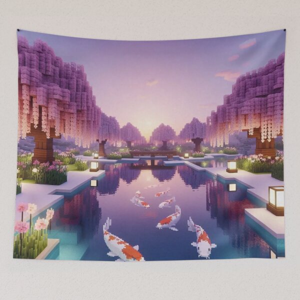 Item preview, Minecraft world, Japanese garden, cherry blossom trees, Japan, gaming, blue sky, pixel art, blocky digital landscape designed and sold by Sugar Wisdom .
