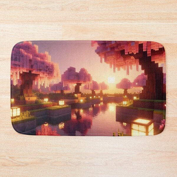 Item preview, Minecraft world, Japanese garden, cherry blossom trees, Japan, gaming, blue sky, pixel art, blocky digital landscape designed and sold by Sugar Wisdom .