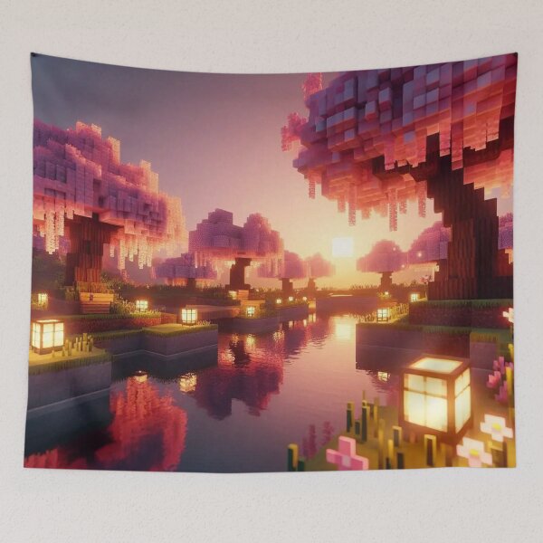 Item preview, Minecraft world, Japanese garden, cherry blossom trees, Japan, gaming, blue sky, pixel art, blocky digital landscape designed and sold by Sugar Wisdom .