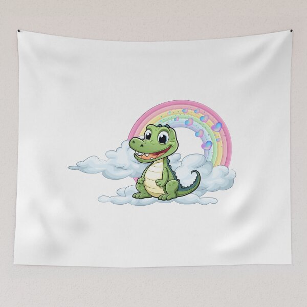 Aperçu de l'œuvre Alligator souriant - Mignon alligator vert sur un nuage avec arc-en-ciel créée et vendue par Love3Happy.