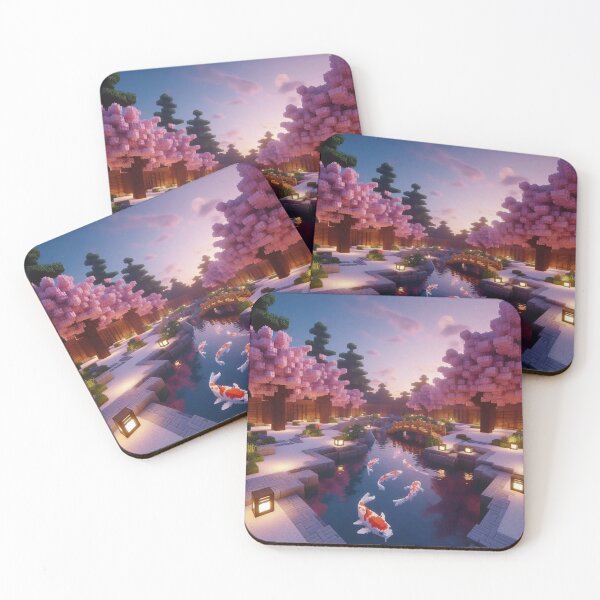 Item preview, Minecraft world, Japanese garden, cherry blossom trees, Japan, gaming, blue sky, pixel art, blocky digital landscape designed and sold by Sugar Wisdom .
