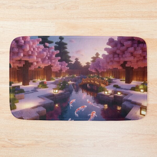 Item preview, Minecraft world, Japanese garden, cherry blossom trees, Japan, gaming, blue sky, pixel art, blocky digital landscape designed and sold by Sugar Wisdom .
