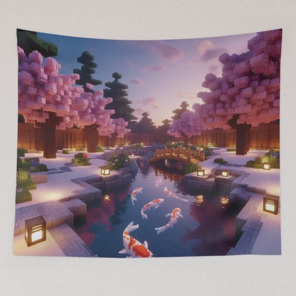 Item preview, Minecraft world, Japanese garden, cherry blossom trees, Japan, gaming, blue sky, pixel art, blocky digital landscape designed and sold by Sugar Wisdom .