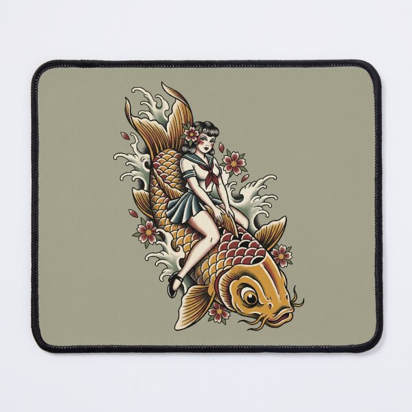 Item preview, Pin up Girl Riding a Koi Fish - Tattoo Style Carp Art designed and sold by TinyRed SpiralArt.