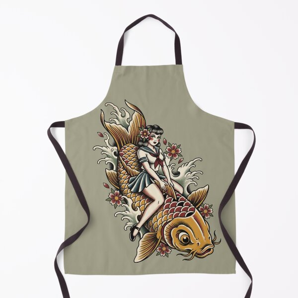 Item preview, Pin up Girl Riding a Koi Fish - Tattoo Style Carp Art designed and sold by TinyRed SpiralArt.