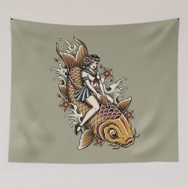 Item preview, Pin up Girl Riding a Koi Fish - Tattoo Style Carp Art designed and sold by TinyRed SpiralArt.