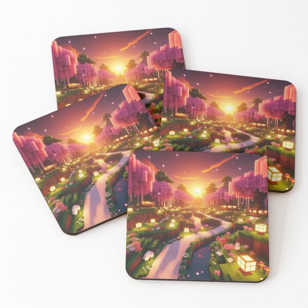Item preview, Minecraft world, Japanese garden, cherry blossom trees, Japan, gaming, blue sky, pixel art, blocky digital landscape designed and sold by Sugar Wisdom .