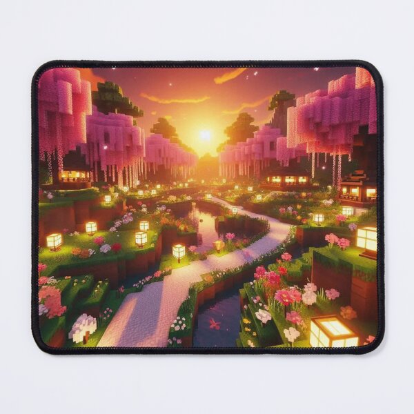 Item preview, Minecraft world, Japanese garden, cherry blossom trees, Japan, gaming, blue sky, pixel art, blocky digital landscape designed and sold by Sugar Wisdom .