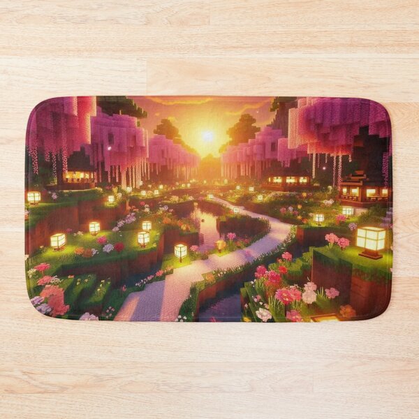 Item preview, Minecraft world, Japanese garden, cherry blossom trees, Japan, gaming, blue sky, pixel art, blocky digital landscape designed and sold by Sugar Wisdom .