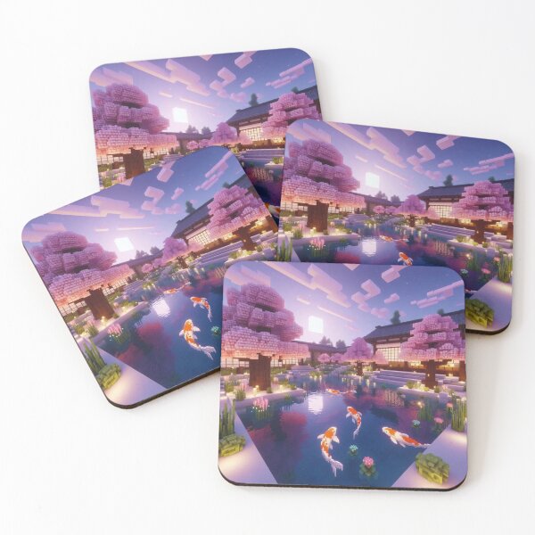 Item preview, Minecraft world, Japanese garden, cherry blossom trees, Japan, gaming, blue sky, pixel art, blocky digital landscape designed and sold by Sugar Wisdom .
