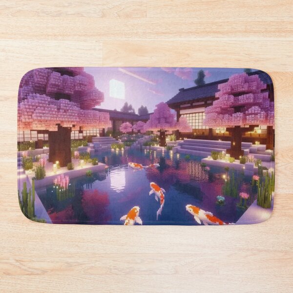Item preview, Minecraft world, Japanese garden, cherry blossom trees, Japan, gaming, blue sky, pixel art, blocky digital landscape designed and sold by Sugar Wisdom .