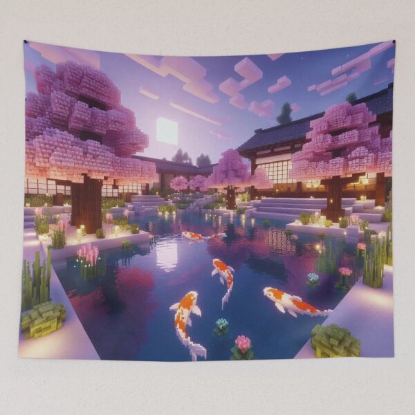 Item preview, Minecraft world, Japanese garden, cherry blossom trees, Japan, gaming, blue sky, pixel art, blocky digital landscape designed and sold by Sugar Wisdom .