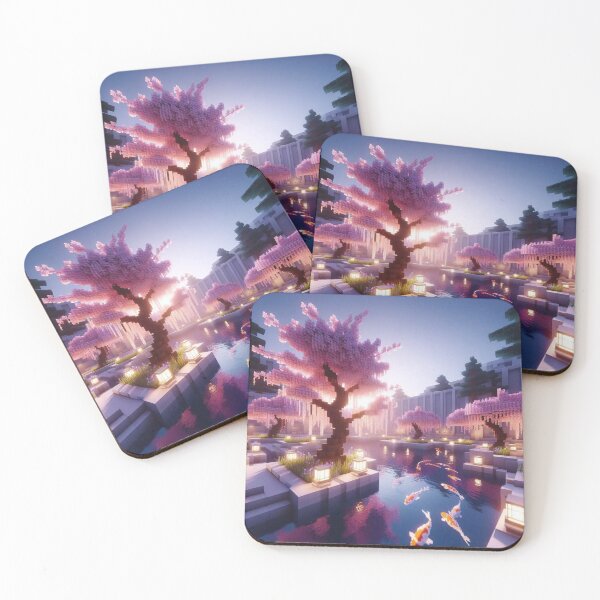 Item preview, Minecraft world, Japanese garden, cherry blossom trees, Japan, gaming, blue sky, pixel art, blocky digital landscape designed and sold by Sugar Wisdom .