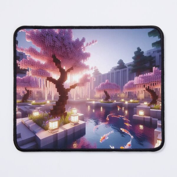 Item preview, Minecraft world, Japanese garden, cherry blossom trees, Japan, gaming, blue sky, pixel art, blocky digital landscape designed and sold by Sugar Wisdom .