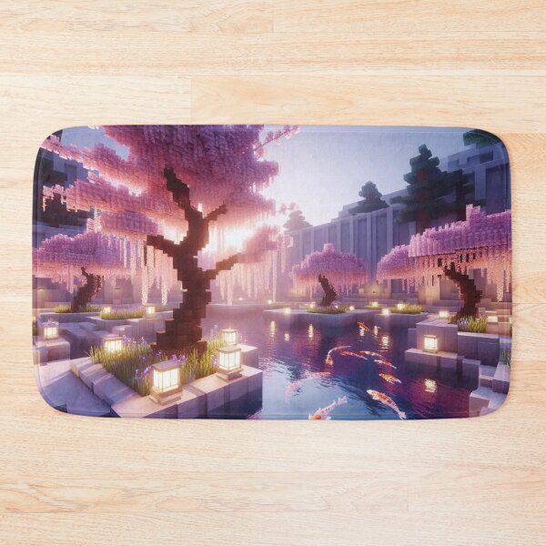 Item preview, Minecraft world, Japanese garden, cherry blossom trees, Japan, gaming, blue sky, pixel art, blocky digital landscape designed and sold by Sugar Wisdom .