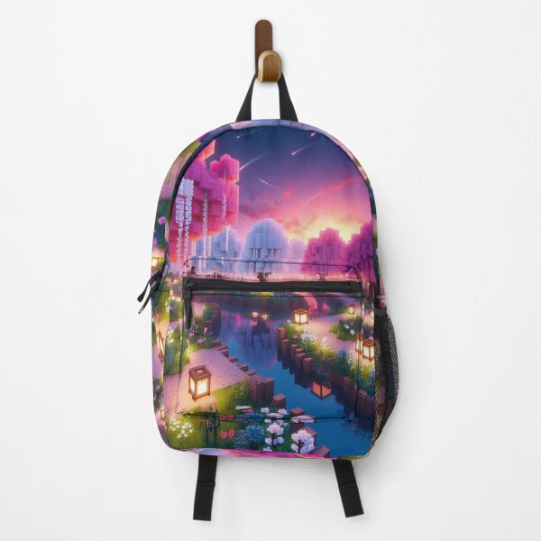 Item preview, Minecraft world, Japanese garden, cherry blossom trees, Japan, gaming, blue sky, pixel art, blocky digital landscape designed and sold by Sugar Wisdom .