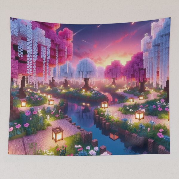 Item preview, Minecraft world, Japanese garden, cherry blossom trees, Japan, gaming, blue sky, pixel art, blocky digital landscape designed and sold by Sugar Wisdom .