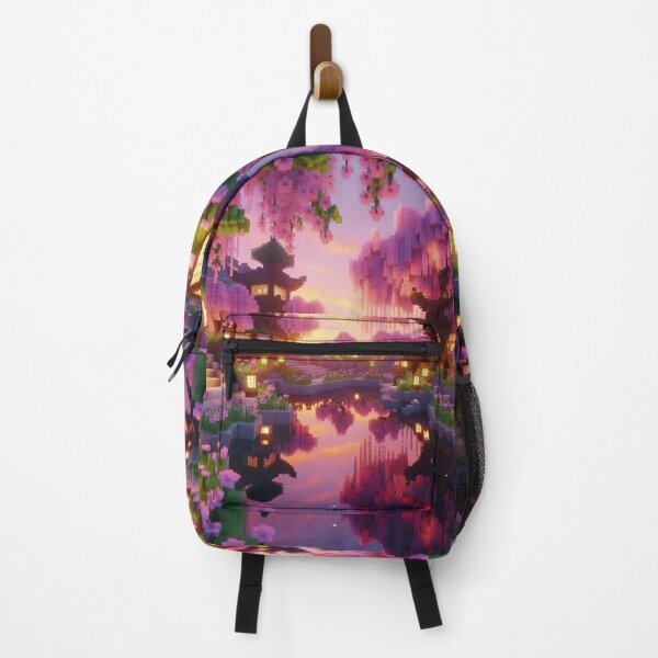 Item preview, Minecraft world, Japanese garden, cherry blossom trees, Japan, gaming, blue sky, pixel art, blocky digital landscape designed and sold by Sugar Wisdom .