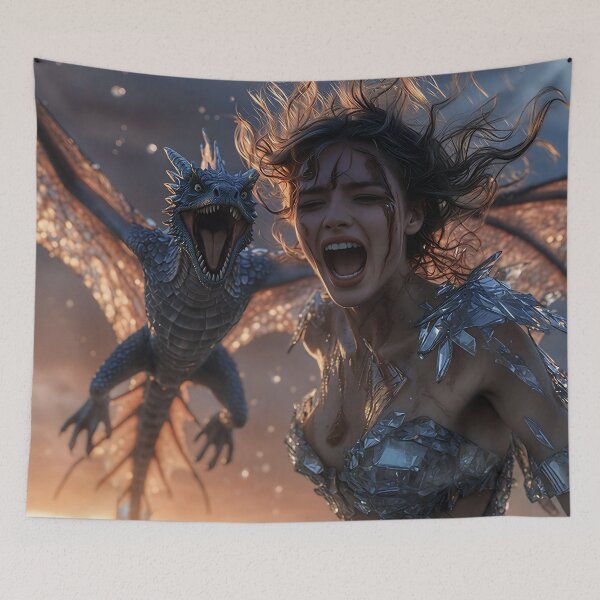 Item preview, Atlantis Sovereign Queen in Epic Sea Dragon Battle – Pre-Sunken Golden Age Fantasy Glamour Art designed and sold by SunsetAngelsAI.