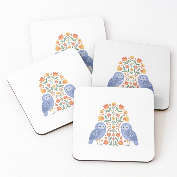 Item preview, Two Blue Owls with Floral Motifs – Scandinavian Folk Art by heidiannemorris © designed and sold by FOLK ART FUSION by heidiannemorris.