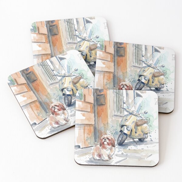 Item preview, Street Moment with Dog and Scooter, with text - watercolor illustration designed and sold by clausbjoern.