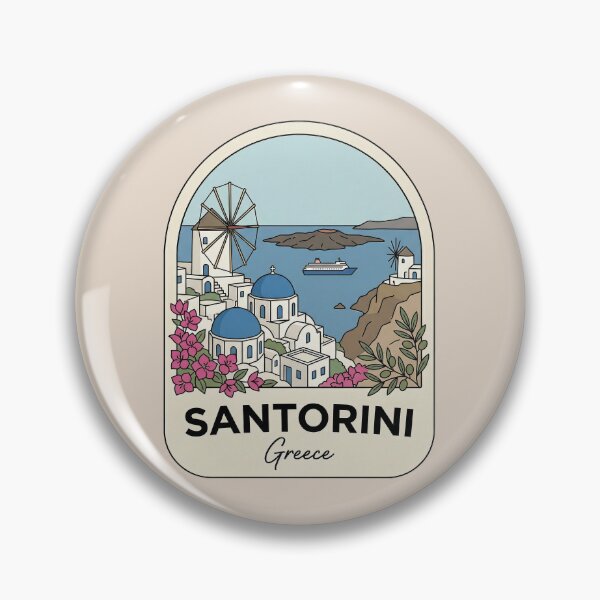 Item preview, Santorini Greece Badge Blue Domes Oia Windmills and Bougainvillea Flowers designed and sold by InvestingRoad.