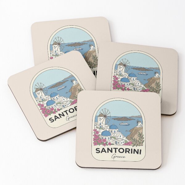 Item preview, Santorini Greece Badge Blue Domes Oia Windmills and Bougainvillea Flowers designed and sold by InvestingRoad.
