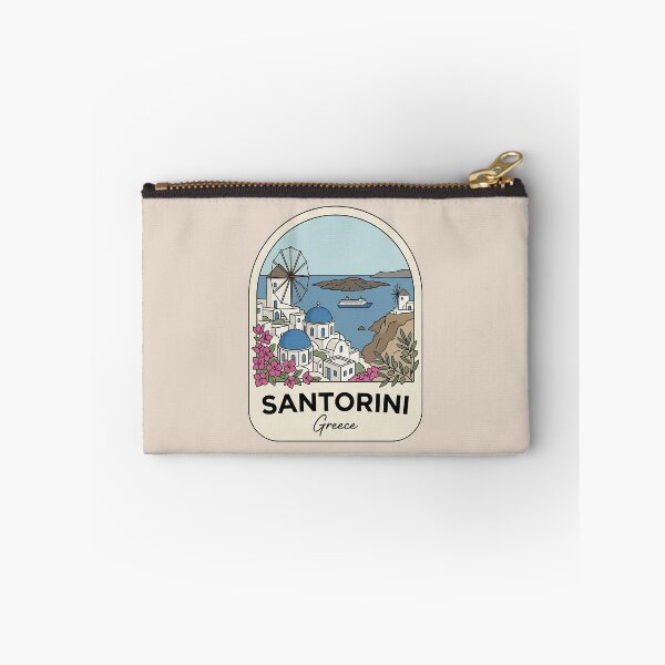 Item preview, Santorini Greece Badge Blue Domes Oia Windmills and Bougainvillea Flowers designed and sold by InvestingRoad.