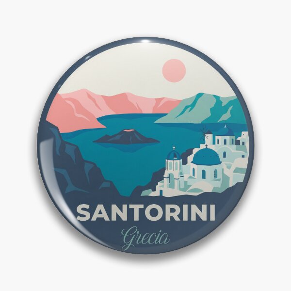 Item preview, Santorini Greece Badge Blue Domes Oia Windmills and Bougainvillea Flowers designed and sold by InvestingRoad.