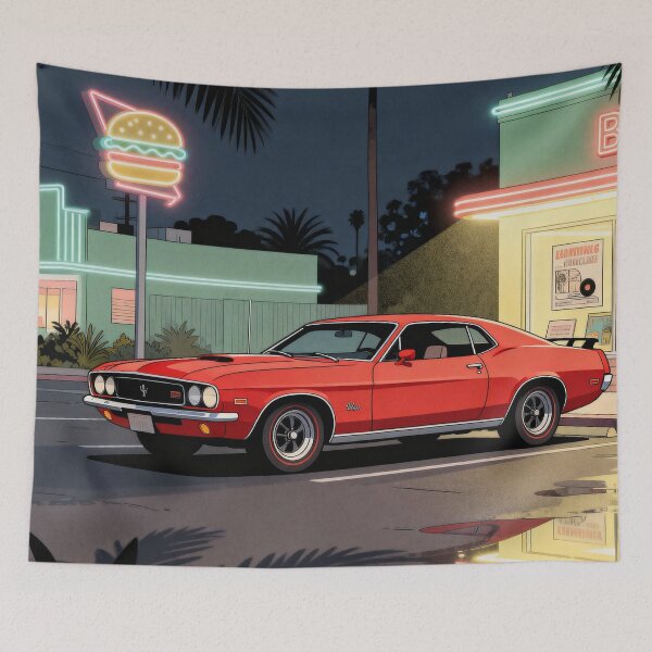 Item preview, Neon Night Muscle Car - Retro 60s Cityscape Art designed and sold by HappySproutArt.