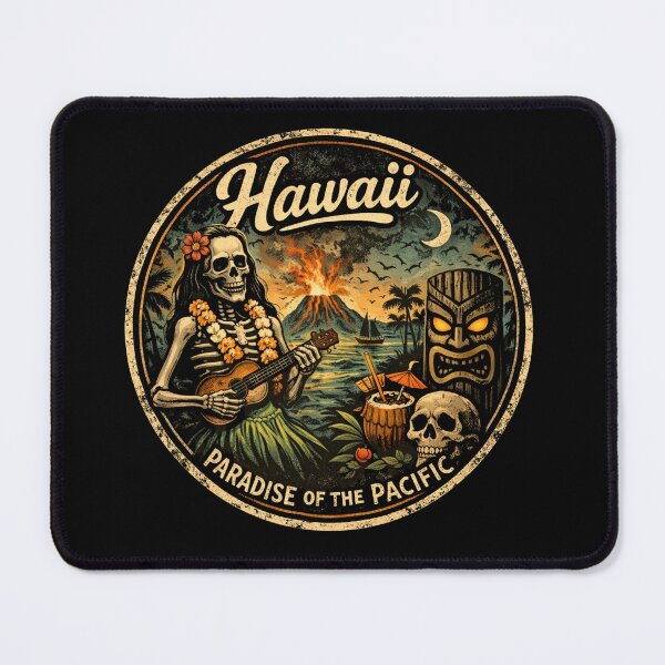 Item preview, Creepy Aloha – Paradise of the Pacific -Hawaii Skeleton on Ukelele with Tiki and Volcano designed and sold by ParfaitPrints.