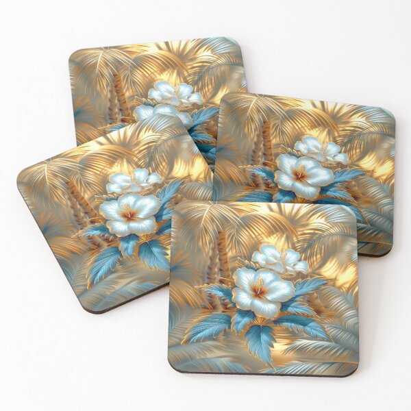 Item preview,  White  Blue and Gold Tropical Hibiscus Flowers  designed and sold by MargaretWiktor.