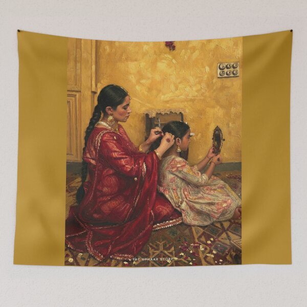 Item preview, Mother and Daughter Getting Ready | Indian Family Ritual Oil Painting designed and sold by The Uphaar Store.