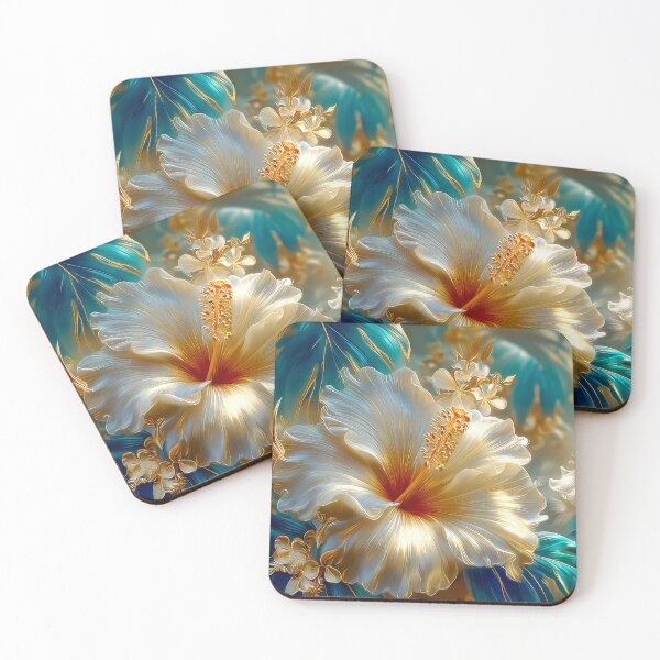 Item preview, White  Blue and Gold Tropical Hibiscus Flowers  designed and sold by MargaretWiktor.