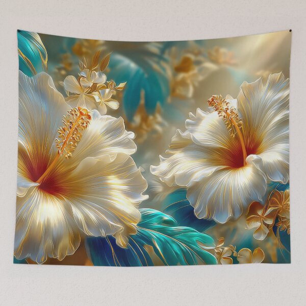 Item preview, White  Blue and Gold Tropical Hibiscus Flowers  designed and sold by MargaretWiktor.
