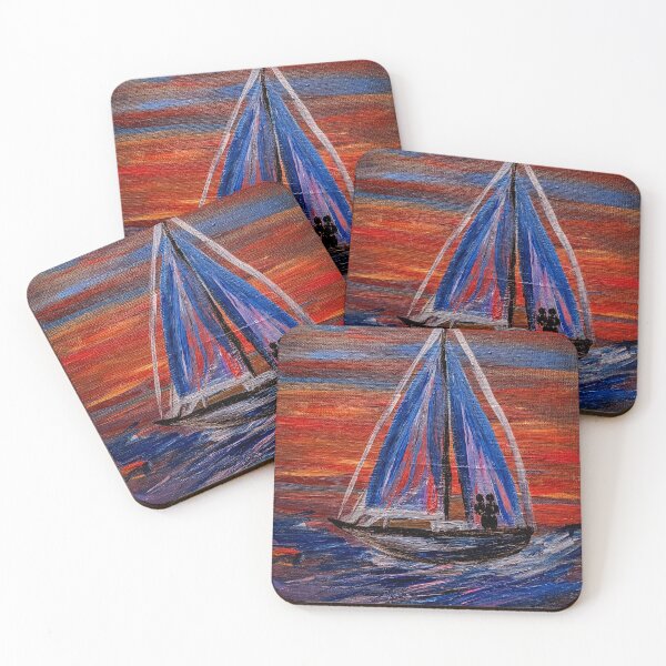 Item preview, Sailboat with Blue Sails at Fiery Sunset designed and sold by kkartwork.