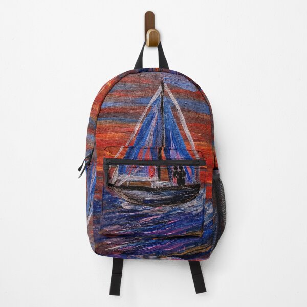 Item preview, Sailboat with Blue Sails at Fiery Sunset designed and sold by kkartwork.