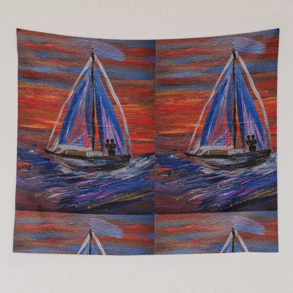 Item preview, Sailboat with Blue Sails at Fiery Sunset designed and sold by kkartwork.