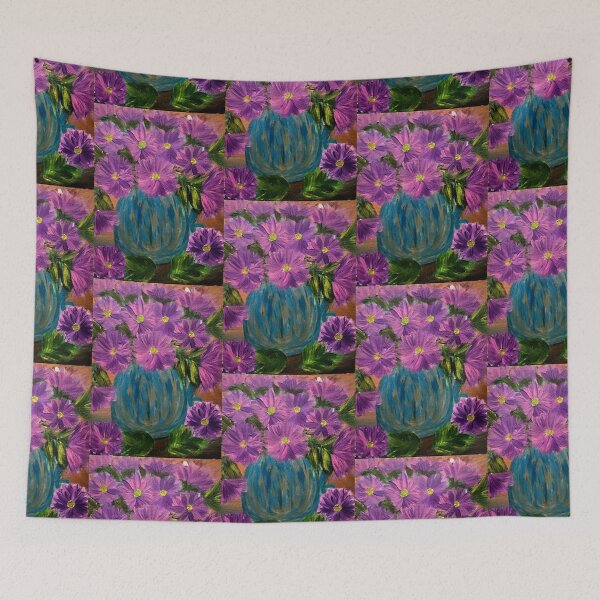 Item preview, Purple Asters in Textured Blue Round Vase designed and sold by kkartwork.