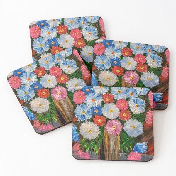 Item preview, Blue, White, and Pink Daisies in Tall Brown Vase designed and sold by kkartwork.