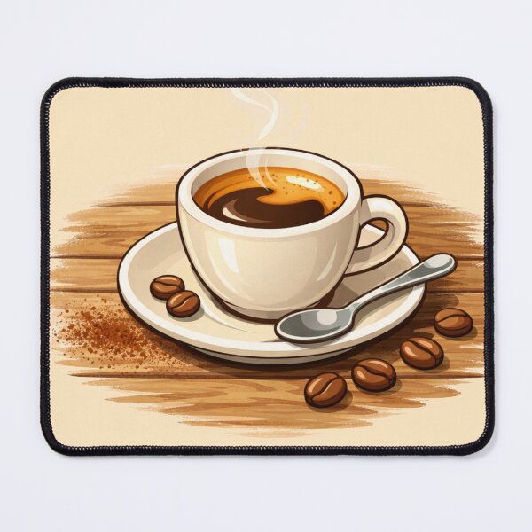 Artikelvorschau, Gemütliche Espresso-Cartoon-Illustration – Warme Keramik-Kaffeetasse auf rustikalem Tisch entworfen und verkauft von MeghannsMinimalMeals.