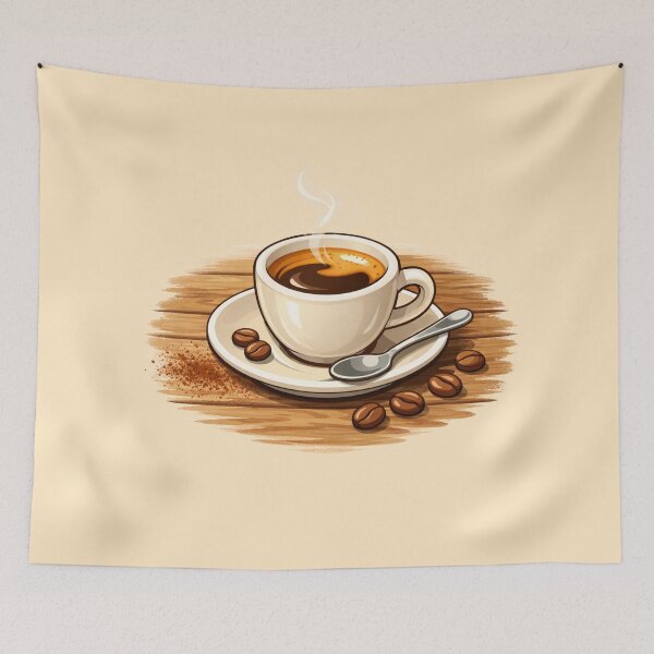 Item preview, Cozy Espresso Cartoon Illustration – Warm Ceramic Coffee Cup on Rustic Table designed and sold by MeghannsMinimalMeals.
