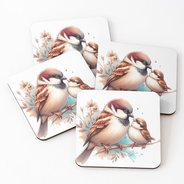Item preview, Cute Watercolor Sparrow Family with Floral Hearts designed and sold by BigBlueArt.