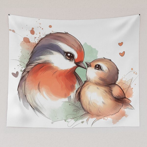 Item preview, Cute Watercolor Redbrest Mom and Baby Hearts designed and sold by BigBlueArt.