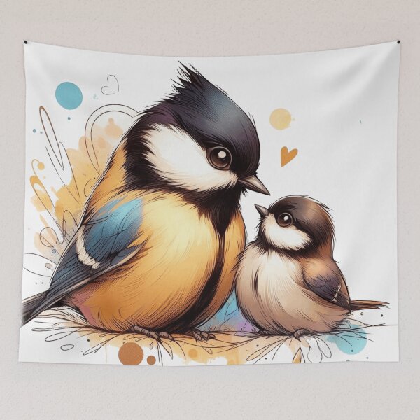 Item preview, Cute Watercolor Great Tit Mother and Chick designed and sold by BigBlueArt.