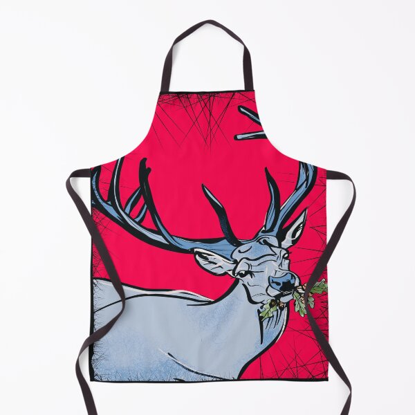 Artikelvorschau, Hirsch mit Geweih auf rotem Hintergrund, Weihnachtsthema, Landleben, Eichenblatt, Eicheln entworfen und verkauft von MidnightARTing.