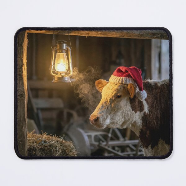 Item preview, Cow Wearing a Santa Claus Hat in a Barn designed and sold by Maria Dryfhout.