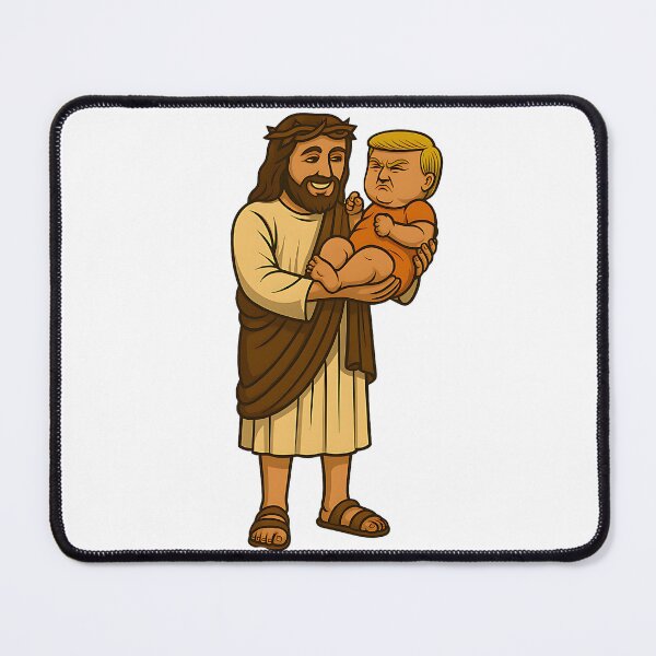Artikelvorschau, Jesus hält Baby Trump Shirt Surreal Politische Parodie Tee Weirdcore Absurder Humor Comic Stil Satirischer Mashup Grafik T-Shirt entworfen und verkauft von The Bizarre Archive.